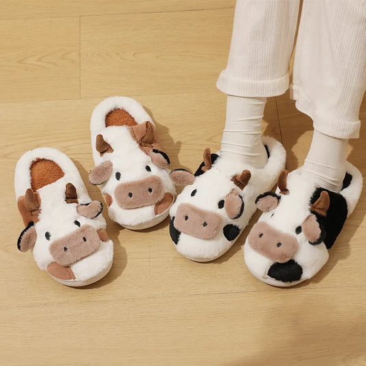 Winter Unisex Cute Cartoon Cow Warm Plush Slippers