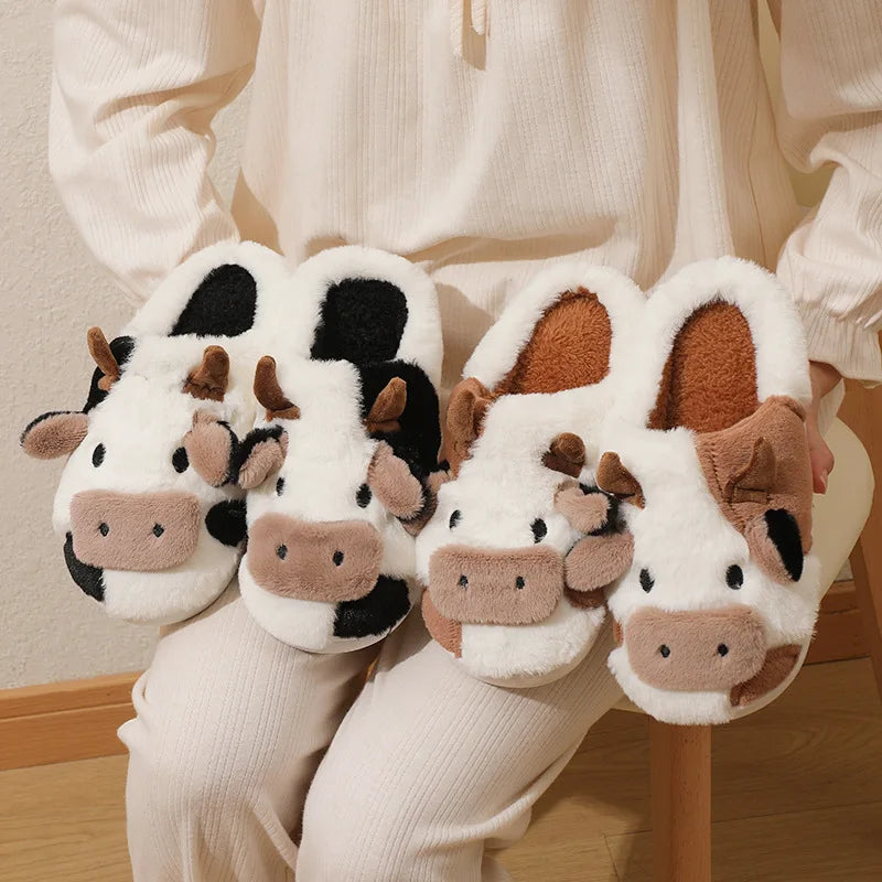 Winter Unisex Cute Cartoon Cow Warm Plush Slippers