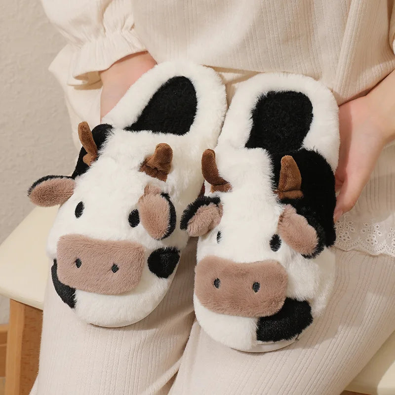 Winter Unisex Cute Cartoon Cow Warm Plush Slippers